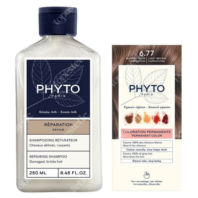 Phyto PhytoColor + Repairing Shampoo ZESTAW Farba do włosów - jasne brązowe capuccino (6.77 Marron Clair Cappuccino) 50+50+12 + Szampon odbudowujący 250 ml