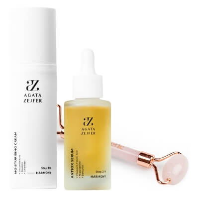 Agata Zejfer Self - Care Concept Antiox Serum HARMONY + Moisturising Cream HARMONY + Roller Topestetic ZESTAW Serum antyoksydacyjne 30 ml + Krem nawilżający 50 ml + Roller różowy kwarc 1 szt
