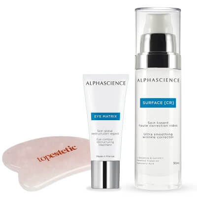 Alphascience Eye Matrix + Surface CR + Gua Sha Topestetic ZESTAW Głeboko regenerujacy krem pod oczy 15 ml + Krem silnie nawilżający i regenerujący 30 ml + Gua sha kwarc różowy 1 szt
