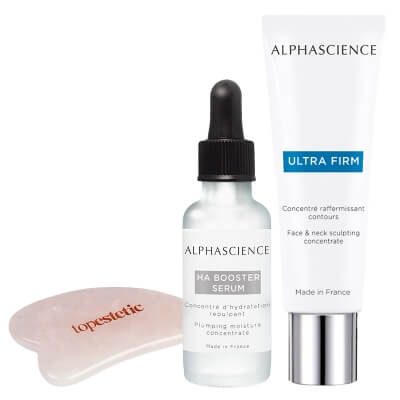 Alphascience Ha Booster Serum + Ultra Firm + Gua Sha Topestetic ZESTAW Koncentrat wypełniająco - nawilżający 30 ml + Koncentrat modelujący twarz i szyję 50 ml + Gua sha kwarc różowy 1 szt