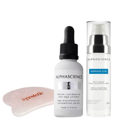Alphascience Mela Bright [C+] Serum + Surface CR + Gua Sha Topestetic ZESTAW Serum antyoksydacyjne przeciw przebarwieniom 30 ml + Krem silnie nawilżający i regenerujący 30 ml + Gua sha kwarc różowy 1 szt
