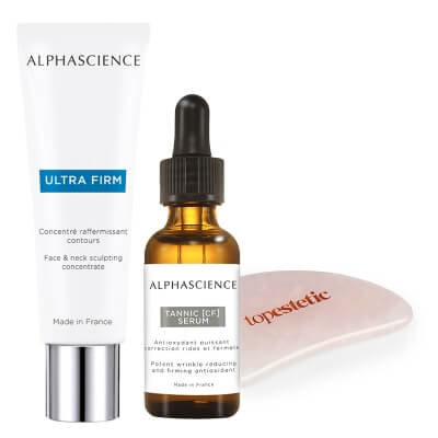 Alphascience Tannic CF Serum + Ultra Firm + Gua Sha Topestetic ZESTAW Serum rozświetlające 30 ml + Koncentrat modelujący twarz i szyję 50 ml + Gua sha kwarc różowy 1 szt