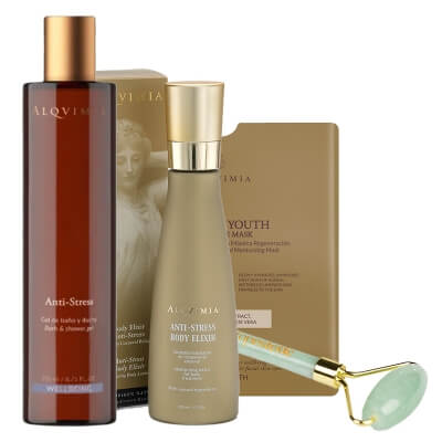 Alqvimia Anti Stress Care Set ZESTAW Eliksir do ciała, antystresowy 200 ml + Żel do kąpieli, antystresowy 250 ml + Złota maska hydrożelowa 1szt. + Roller do twarzy 1 szt