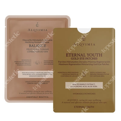 Alqvimia Eternal Youth Gold Eye Patches + EB Balance Face Mask ZESTAW Złote hydrożelowe płatki pod oczy 1 para + Maska z włókien bawełnianych i owocowych 1 szt.