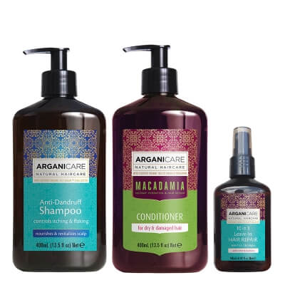 Arganicare Anti-Dandruff + 10 in 1 Leave In + Conditioner ZESTAW Szampon przeciwłupieżowy 400 ml + Odbudowa i rozplątanie 150 ml + Odżywka do suchych i zniszczonych włosów 400 ml