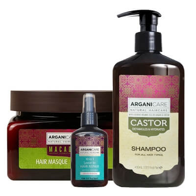 Arganicare Hair Care ZESTAW Szampon stymulujący porost włosów 400 ml + Odbudowa i rozplątanie 150 ml + Maska nawilżająca 350 ml