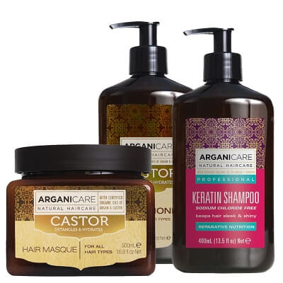 Arganicare Keratin + Castor ZESTAW Szampon 400 ml + Odżywka 400 ml + Maska 500 ml