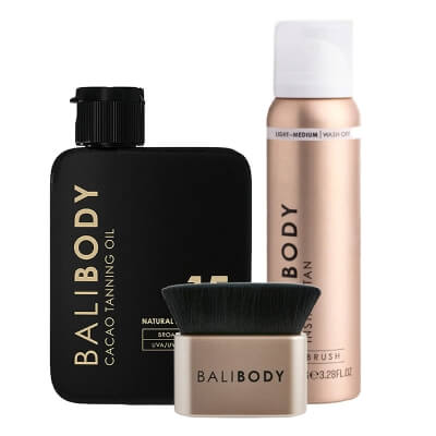 Bali Body Body Blending Brush + Instant Tan Light - Medium + Cacao Tanning Oil SPF 15 ZESTAW Pędzel do aplikacji 1 szt + Spray do natychmiastowej opalenizny 97 ml + Olejek do opalania z kakao 100 ml