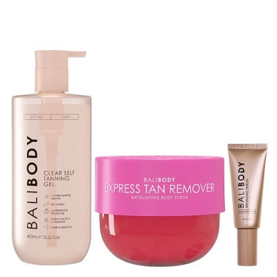 Bali Body Clear Self Tanning Gel + Bronzing Serum + Express Tan Remover Scrub ZESTAW Transparenty żel samoopalający do ciała 400 ml + Serum brązujące do twarzy 30 ml + Ekspresowy środek do usuwania opalenizny 225 g