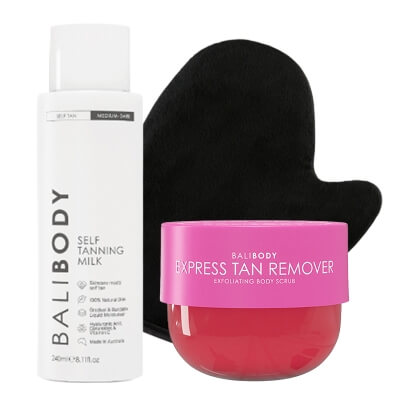 Bali Body Self Tanning Milk + Luxe Tanning Mitt + Express Tan Remover Scrub ZESTAW Mleczko samoopalające do ciała 240 ml + Rękawica do aplikacji 1 szt + Ekspresowy środek do usuwania opalenizny 225 g