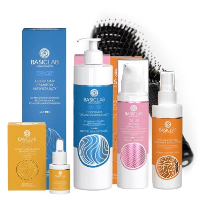BasicLab Hair Care ZESTAW Ochrona i wzmocnienie 15 ml + Lekkość i elastyczność 300 ml + Lekkość i miękkość 250 ml + Wygładzenie i Odżywienie + Czarna 1 szt