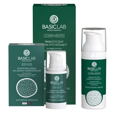 BasicLab Wyciszenie Redukcja + Wzmocnienie Balans ZESTAW Punktowe serum na zmiany mikrozapalne 15 ml + Prebiotyczny krem wyciszający 50 ml