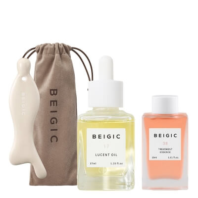 Beigic Lucent Oil + Treatment Essence + Enhanced Face Gua Sha ZESTAW Wielozadaniowy olejek do twarzy 37 ml + Nawilżająco-rozświetlająca esencja do twarzy 30 ml + Masażer do twarzy 1 szt