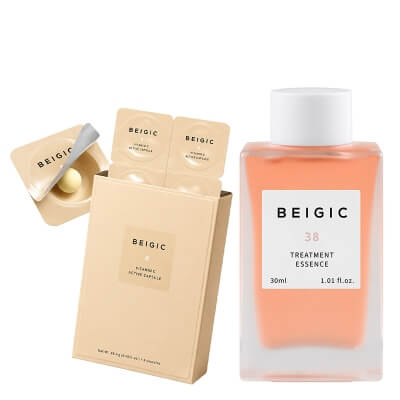 Beigic Treatment Essence + Vitamin C Active Capsule ZESTAW Nawilżająco-rozświetlająca esencja do twarzy 30 ml + Serum w kapsułkach z aktywną 40% witaminą C 6 kaps.