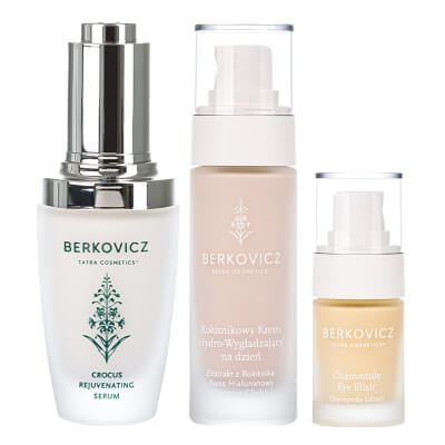 Berkovicz Young Skin Day Rutine ZESTAW Serum odmładzające 30 ml + Eliksir pod oczy 15 ml + Krem wygładzający na dzień 30 ml
