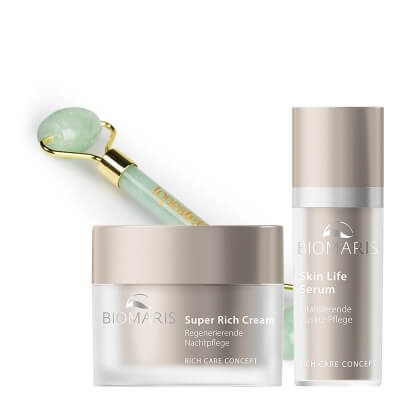 Biomaris Skin Life Serum + Super Rich Cream + Roller Topestetic ZESTAW Serum zwiększające gęstość skóry 30 ml + Krem odżywczy 50 ml + Roller jadeit 1 szt