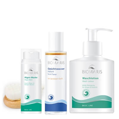 Biomaris Wash Lotion + Facial Toner + Algae Mask + Bambusowa szczotka Topestetic ZESTAW Żel myjący 300 ml + Tonik 100 ml + Maska algowa 50 ml + Szczotka do mycia twarzy 1 szt