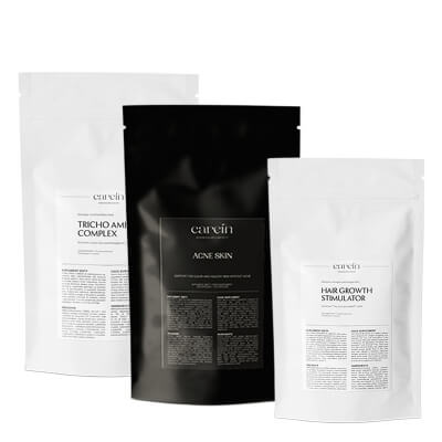 Carein Hair + Skin Refill Set ZESTAW Wypadanie włosów 90 kaps + Wzmocnienie włosów 120 kapsułek + Skóra bez trądziku 120 kaps