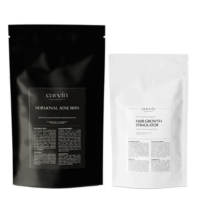 Carein Hormonal Acne Skin - Refill + Hair Growth Stimulator - Refill ZESTAW Kuracja 30 dni Gładka skóra bez trądziku hormonalnego - uzupełnienie 120 kaps + Telogenowe wypadanie włosów - uzupełnienie 90 kaps