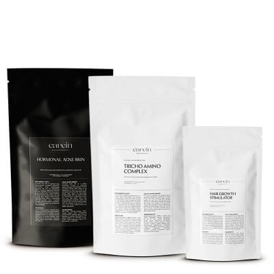 Carein Refill Set ZESTAW Skóra bez trądziku hormonalnego - refill 120 kaps + Wzmocnienie włosów - refill 120 kaps + Wypadanie włosów - refill 90 kaps