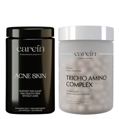 Carein Tricho Amino Complex + Acne Skin ZESTAW Wzmocnienie cienkich, łamliwych włosów 120 kapsułek + Kuracja 30 dni Czysta skóra bez trądziku 120 kaps