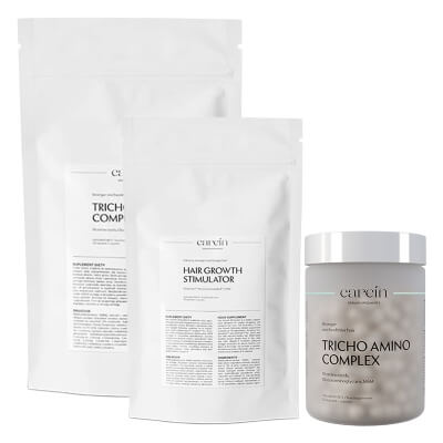 Carein Tricho Amino Complex + Hair Growth Stimulator ZESTAW Wzmocnienie cienkich, łamliwych włosów 120 kaps + 120 kaps refill + Telogenowe wypadanie włosów - uzupełnienie 90 kaps
