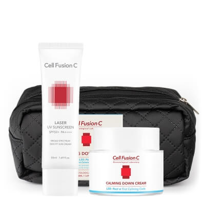 Cell Fusion C Calming Down Cream + Laser Sunscreen 100 SPF 50+/PA+++ ZESTAW Krem łagodzący do skóry wrażliwej 50 ml + Filtr przeciwsłoneczny 50 ml + Kosmetyczka 1 szt