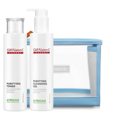 Cell Fusion C Expert Purifying Toner + Purifying Cleansing Gel ZESTAW Silnie nawilżający tonik do skóry tłustej i odwodnionej 200 ml + Odświeżający żel oczyszczający 200 ml + Kosmetyczka 1 szt