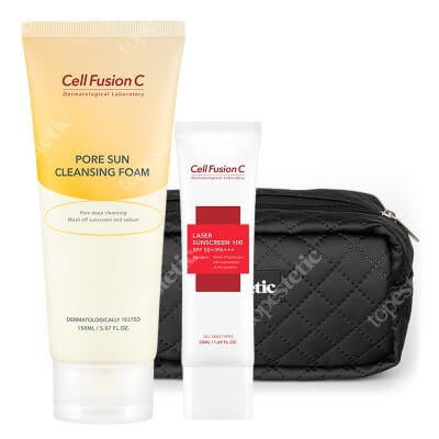 Cell Fusion C Laser Sunscreen 100 SPF 50+/PA+++ + Pore Sun Cleansing Foam ZESTAW Filtr przeciwsłoneczny 50 ml + Pianka do oczyszczania twarzy z filtrów przeciwsłonecznych 150 ml + Kosmetyczka 1 szt