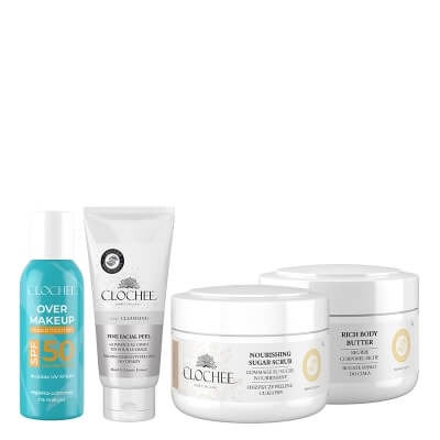Clochee Body And Face Care ZESTAW Peeling cukrowy 250 ml + Masło do ciała 250 ml + Peeling do twarzy 100 ml + Mgiełka SPF50 75 ml