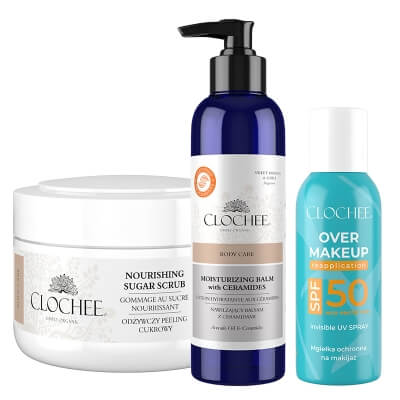 Clochee Body Care ZESTAW Peeling cukrowy 250 ml + Balsam z ceramidami 250 ml + Mgiełka SPF 50 75 ml