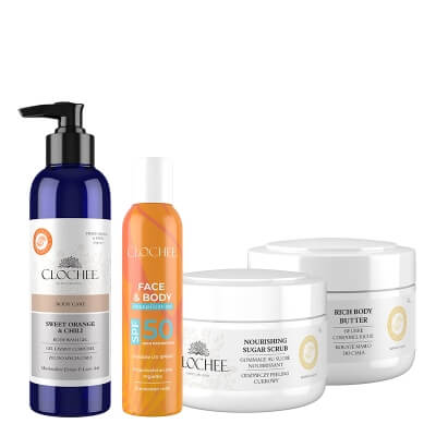 Clochee Body Care ZESTAW Żel do mycia 250 ml + Mgiełka SPF 50 150 ml + Masło do ciała 250 ml + Peeling 250 ml