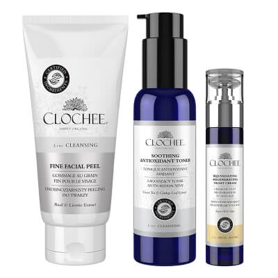 Clochee Night Ritual ZESTAW Peeling do twarzy 100 ml + Tonik antyoksydacyjny 100 ml + Krem odmładzająco-regenerujący na noc 50 ml