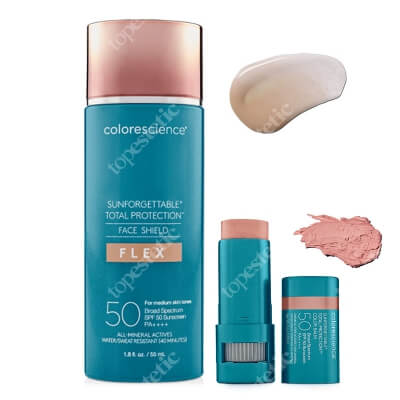 Colorescience Face Shield Flex SPF 50 + Sunforgettable Total Protection Color Balm ZESTAW Minerały w emulsji do twarzy (kolor medium) 55 ml + Balsam do ust oraz policzków SPF50 (kolor Blush) 9 g