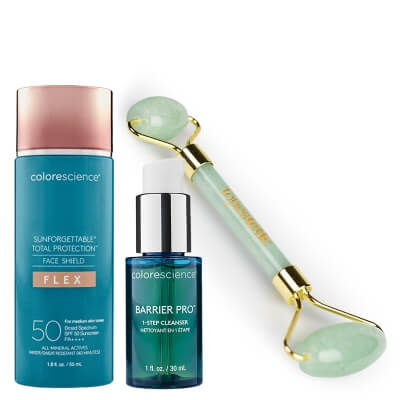 Colorescience Face Shield Set ZESTAW Minerały w emulsji do twarzy (kolor medium) 55 ml + Żel oczyszczający 30 ml + Roller do masażu twarzy z jadeitu 1 szt GRATIS