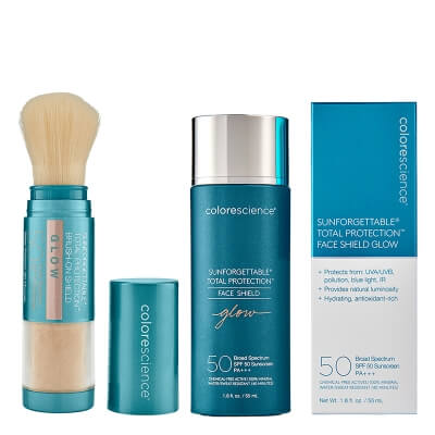 Colorescience Glow Face Shield ZESTAW Minerały w emulsji do twarzy (kolor Glow) 55 ml + Mineralny puder ochronny w pędzlu (kolor Glow) 4,3 g