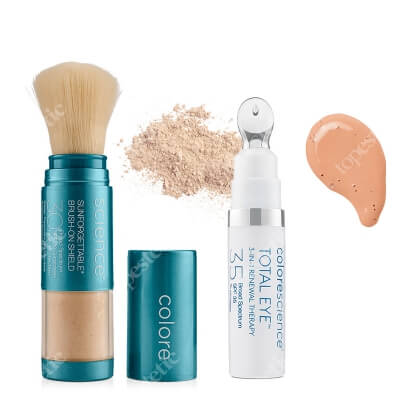 Colorescience Sunforgettable Brush-On Shield SPF 30 + Total Eye SPF 35 ZESTAW Mineralny puder ochronny w pędzlu (kolor Medium) 4,3 g + Korektor pod oczy 3 w 1 (kolor Medium) 7 ml