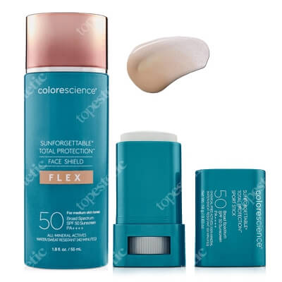 Colorescience Total Protection And Beauty Look ZESTAW Ochrona przeciwsłoneczna w sztyfcie 18g + Minerały w emulsji do twarzy (kolor medium) 55 ml