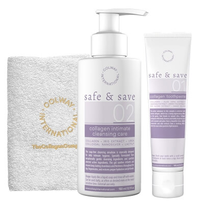 Colway International Collagen Kit ZESTAW Żel do higieny intymnej z kolagenem 150 ml + Pasta do zębów z kolagenem 100 ml + Mały ręcznik kosmetyczny (biały) 1 szt