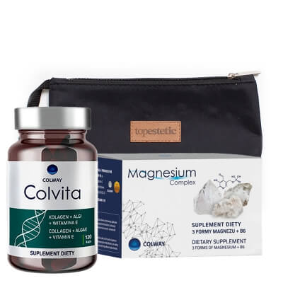 Colway Magnesium Complex + Colvita ZESTAW Kompozycją trzech form magnezu 60 kaps. + Suplement diety Kolagen + Algi + Wit. E 120 kaps. + kosmetyczka