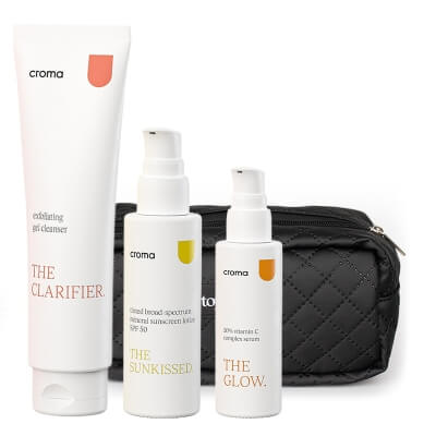 Croma Beauty Summer ZESTAW Oczyszczający żel z peelingiem 150 ml + Serum z 20% kompleksem witaminy C 30 ml + Koloryzując krem SPF 50 50 ml + kosmetyczka