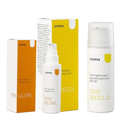 Croma The Glow of the Shield ZESTAW Silnie działające serum z 20% kompleksem witaminy C 30 ml + Ultralekki balsam przeciwstarzeniowy SPF 50 50 ml