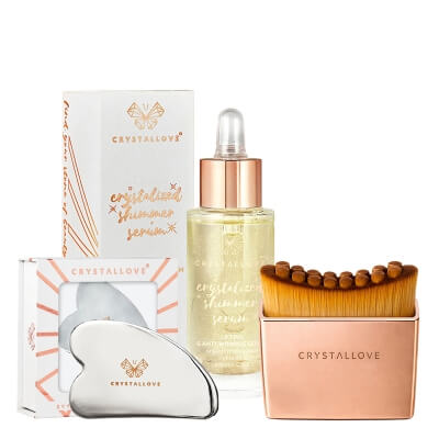Crystallove Clear Quartz Massage Set ZESTAW Szczotka do drenażu limfatycznego 1 szt + Gua sha ze stali nierdzewnej 1 szt + Serum z kryształem górskim i opuncją figową 30 ml