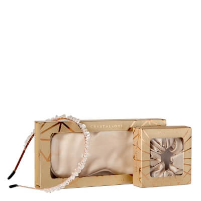 Crystallove Gold Silk Set ZESTAW Opaska do spania jedwabna (kolor złoty) 1 szt + Opaska do włosów 1 szt + Gumka jedwabna (złota) 1 szt
