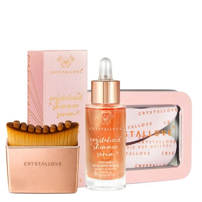 Crystallove Rose Quartz Massage Set ZESTAW Szczotka do drenażu limfatycznego 1 szt + Silikonowe płatki pod oczy 4 szt + Serum z kwarcem różowym i bisabololem 30 ml