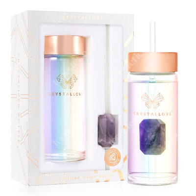 Crystallove Szklana Butelka na Wodę ze słomką i Ametystem Hologram 400 ml