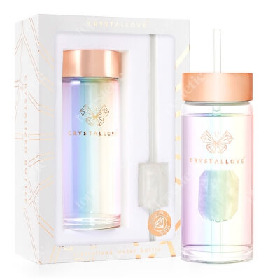 Crystallove Szklana Butelka na Wodę ze słomką i Kryształem Górskim Hologram 400 ml