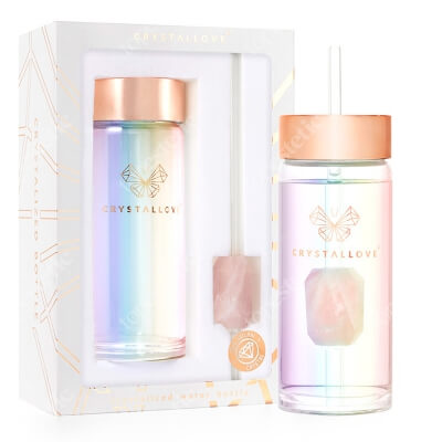 Crystallove Szklana Butelka na Wodę ze słomką i Kwarcem Różowym Hologram 400 ml