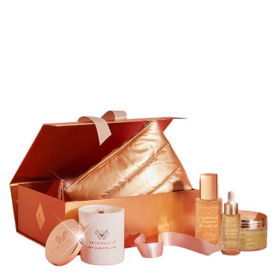 Crystallove The Glow Ritual ZESTAW Serum z kryształem górskim 30 ml + Energetyzująca mgiełka do twarzy 100 ml + Peeling do ciała 200 g + Świeca 220 g + Kosmetyczka 1 szt