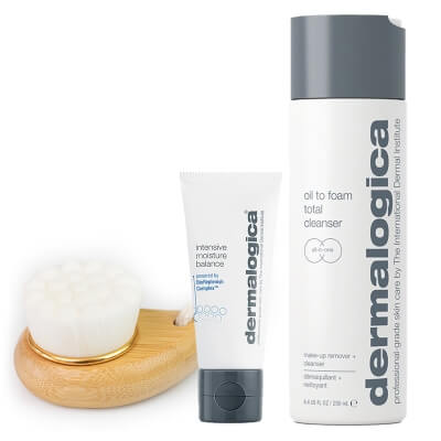 Dermalogica Oil to Foam Total Cleanser + Intensive Moisture Balance + Szczotka do mycia twarzy ZESTAW Preparat oczyszczający 2w1 250 ml + Krem do skóry suchej 15 ml + Szczotka Topestetic 1 szt